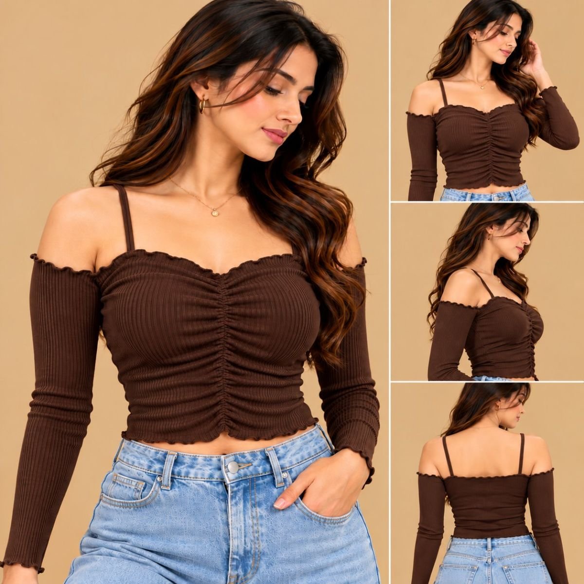 Offsholder ruched ribbed top
